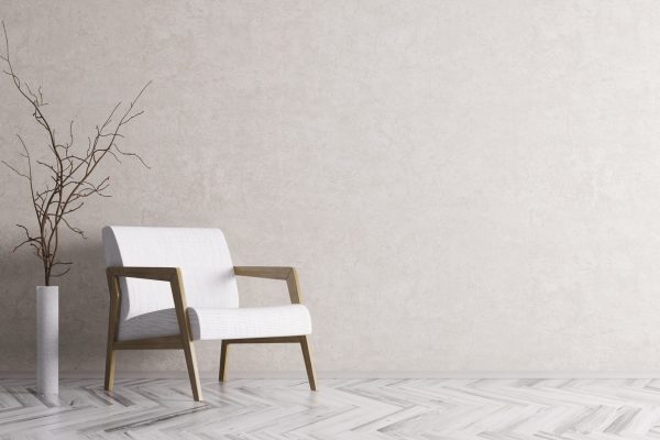Interior of living room with white armchair 3d rendering Interior of living room with white armchair and branch over stucco wall 3d rendering